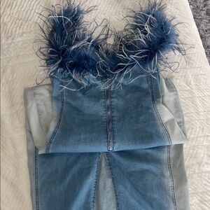 Blue Feather Trim Denim Jeans